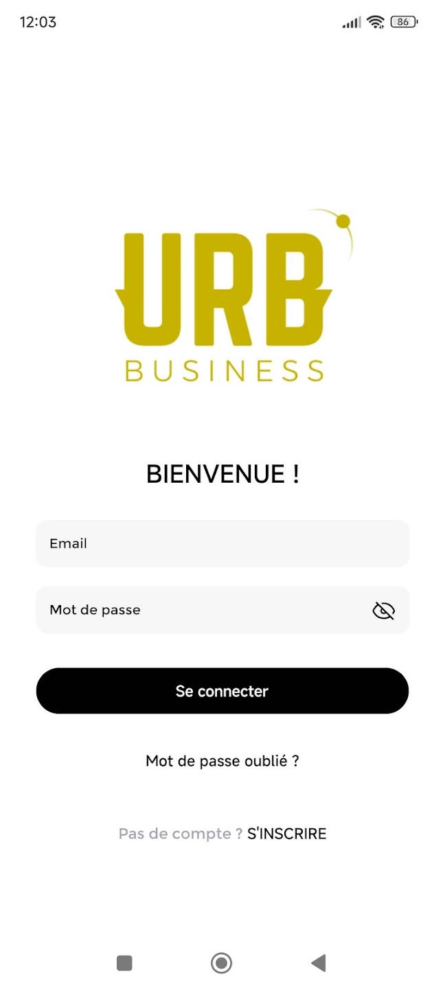 Écran de connexion de l'application mobile URB